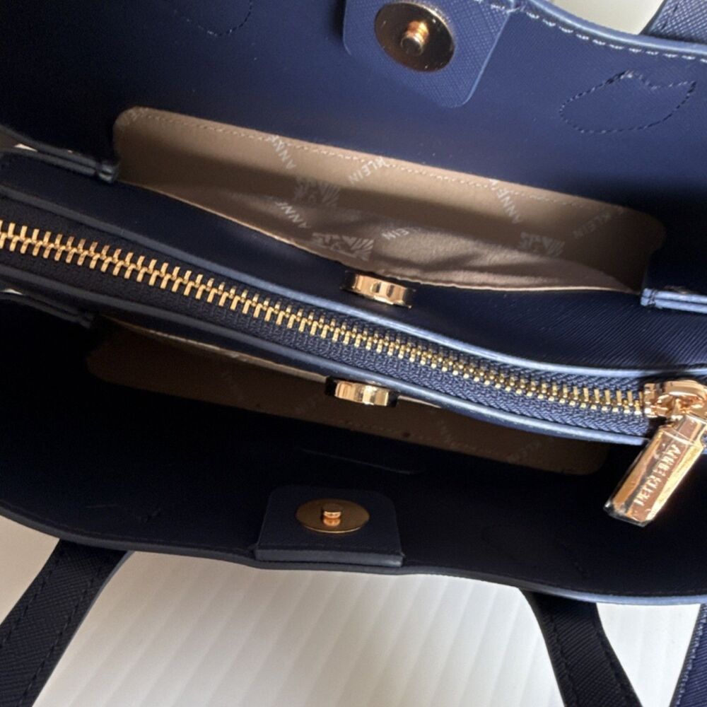 Anne Klein Navy Blue Satchel Gold Hardware Detachable Adjustable Strap Pockets - Picture 7 of 13